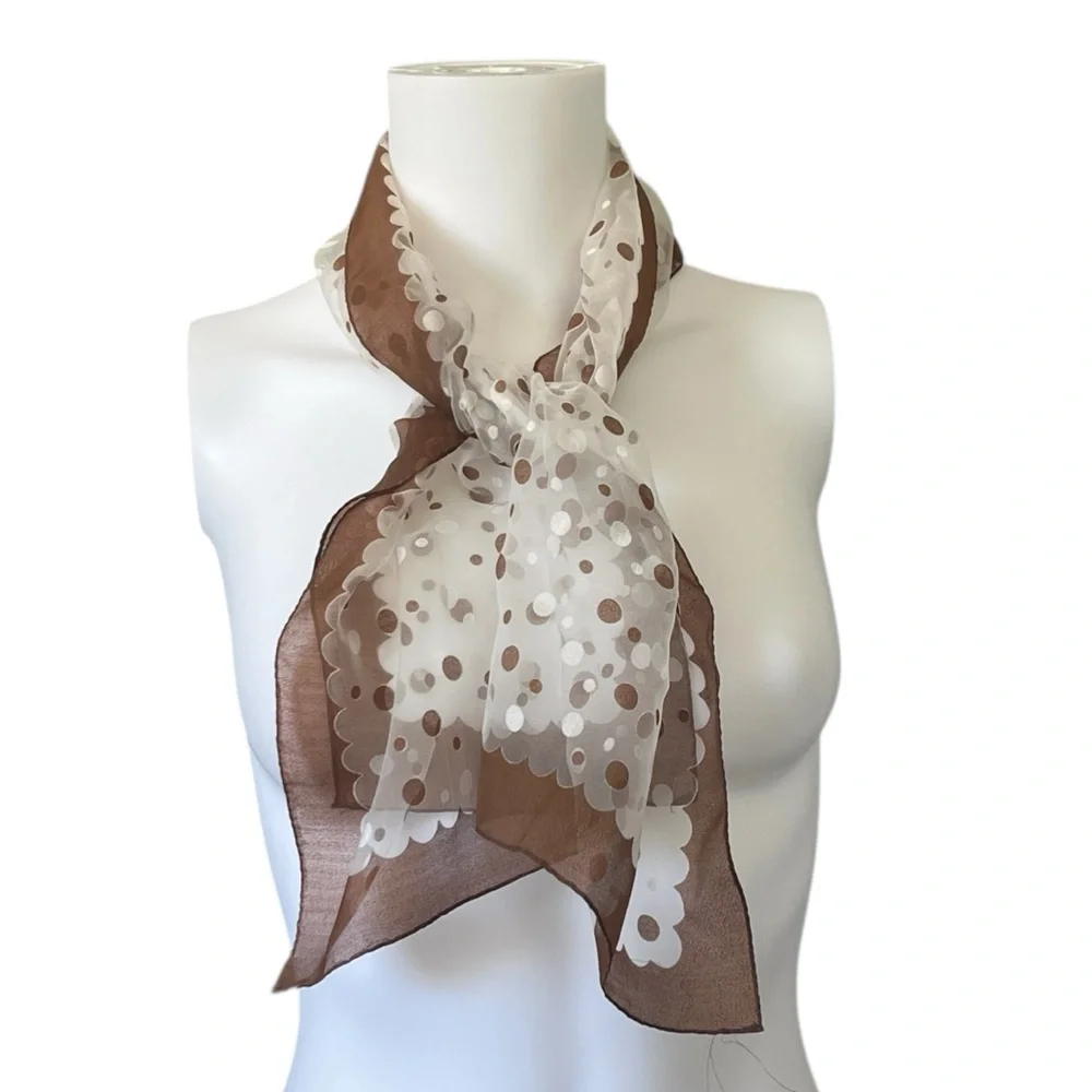 Vintage Sheer Scarf Brown White Polka Dot Lightweight Classic